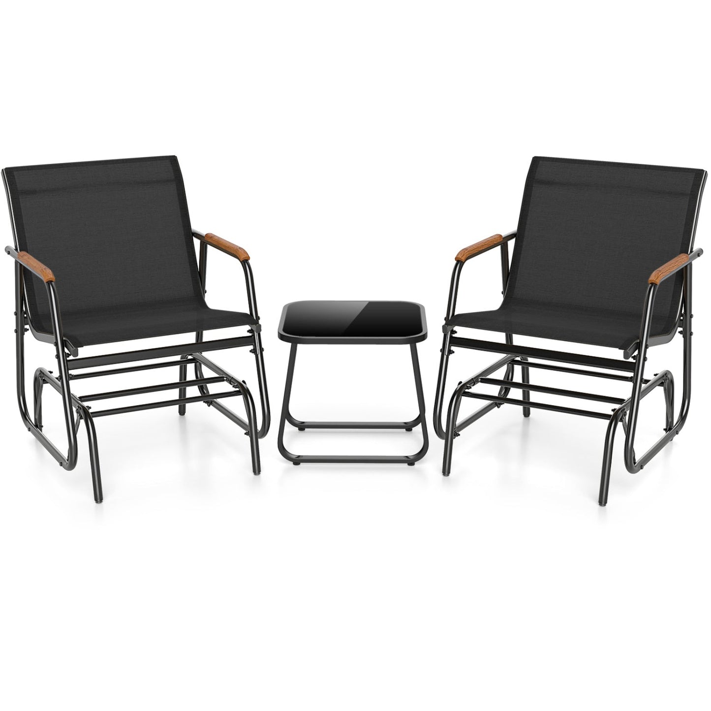 3-Piece outdoor glider bistro set with tempered glass table, black mesh chairs and wood armrests on Tampa Home & Garden Store