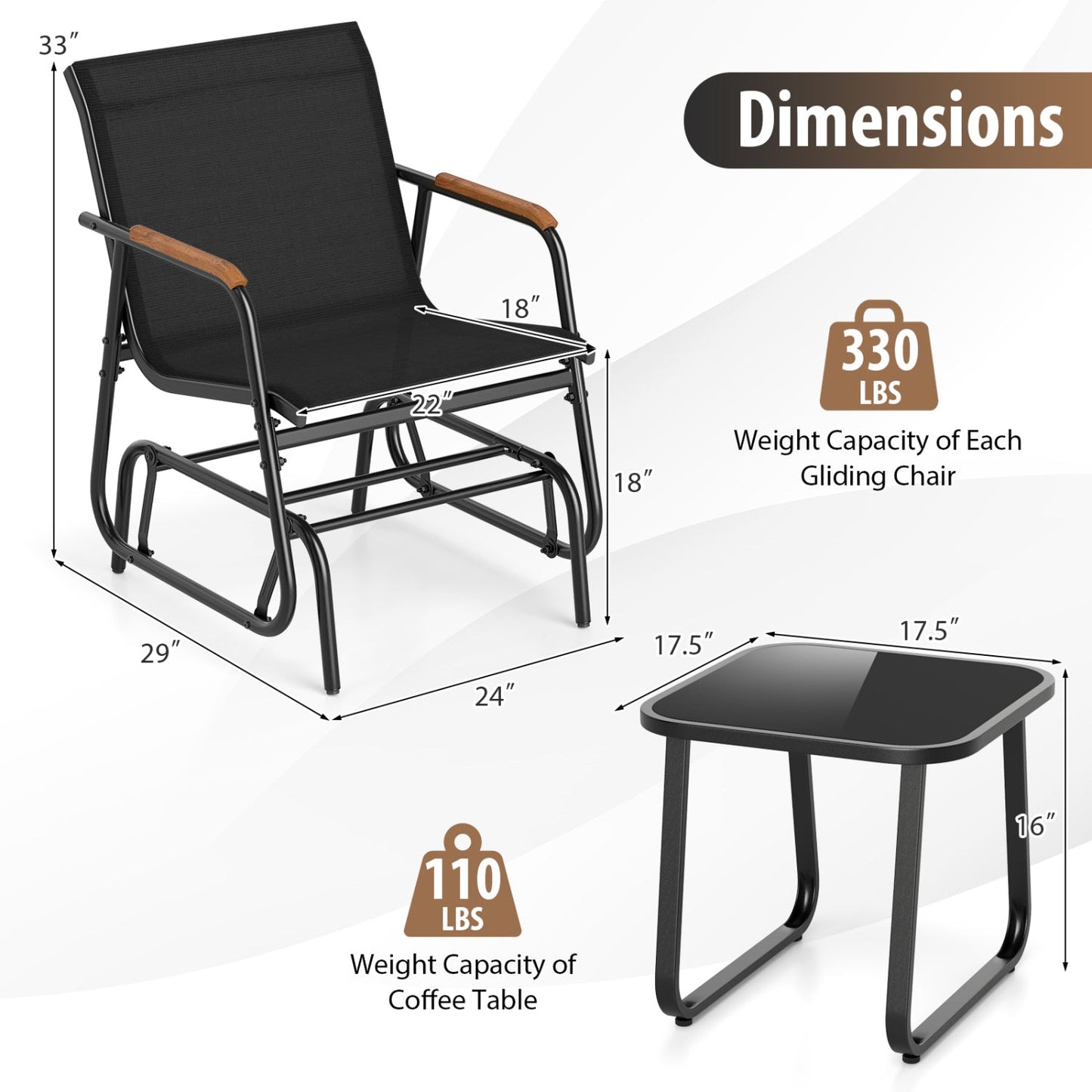 3-Piece Outdoor Glider Bistro Set with Tempered Glass Table by DirectDeals, black mesh chairs on Tampa Home & Garden Store