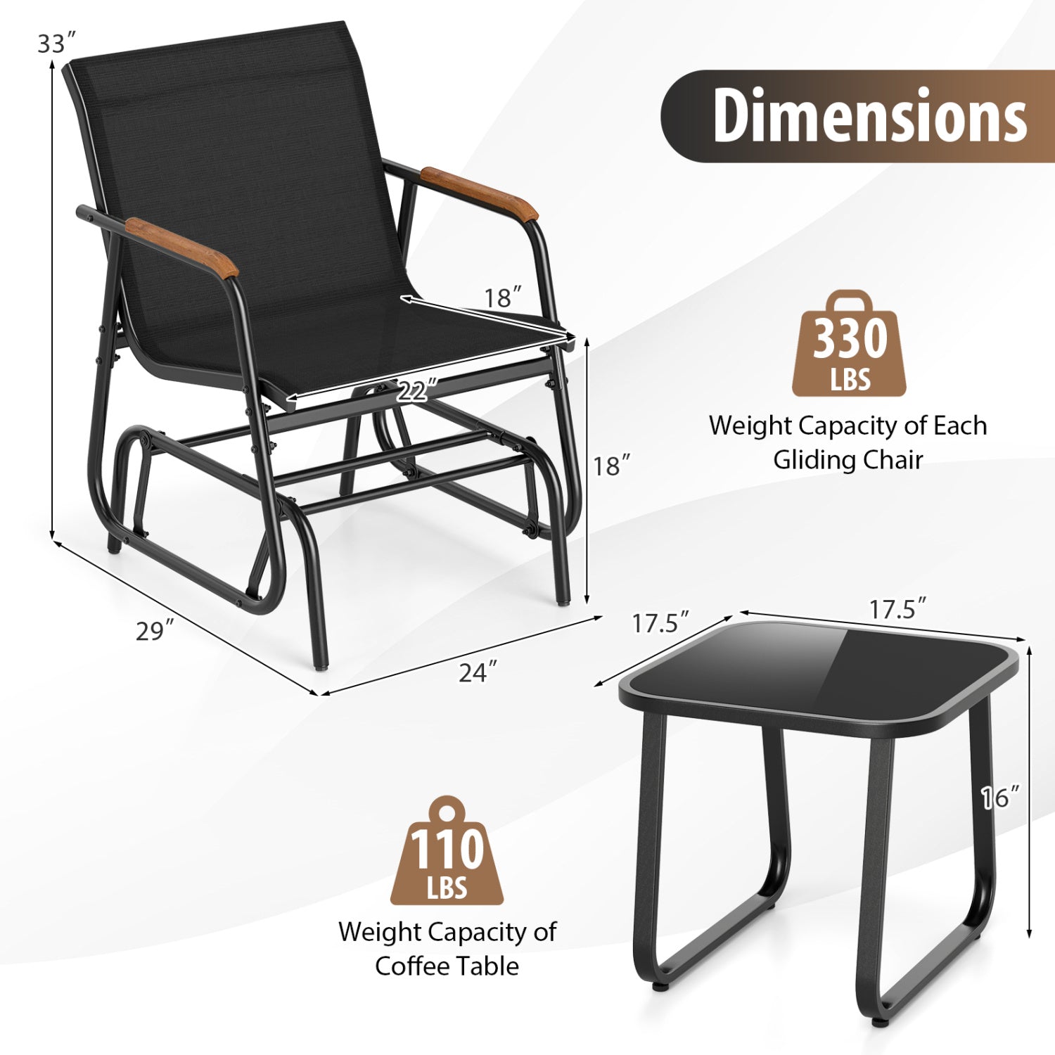3-Piece Outdoor Glider Bistro Set with Tempered Glass Table by DirectDeals, black mesh chairs on Tampa Home & Garden Store