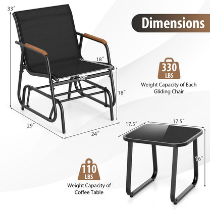 3-Piece Outdoor Glider Bistro Set with Tempered Glass Table by DirectDeals, black mesh chairs on Tampa Home & Garden Store
