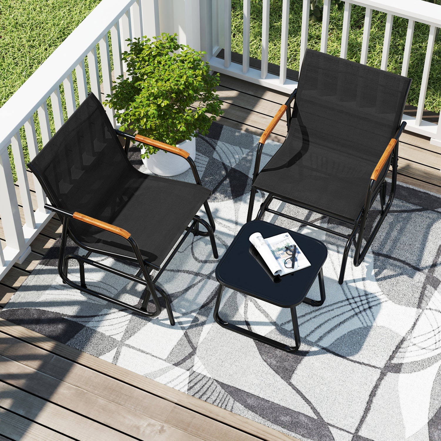 3pc Outdoor Glider Bistro Set with tempered glass table DirectDeals black mesh chairs wood arms on Tampa Home & Garden Store