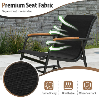 3-Piece Glider Bistro Set DirectDeals with black mesh seating and wooden arms on Tampa Home & Garden Store