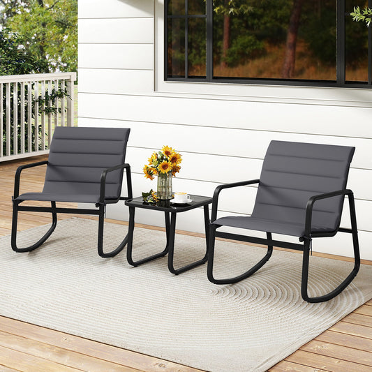 3 Piece Outdoor Rocking Bistro Set Porch Rocker Chairs with Tempered Glass Table-Gray - Tampa Home & Garden Store