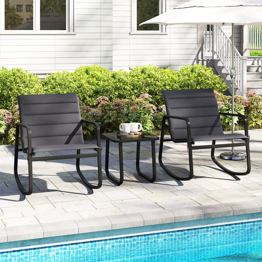 3 Piece Outdoor Rocking Bistro Set Porch Rocker Chairs with Tempered Glass Table-Gray - Tampa Home & Garden Store