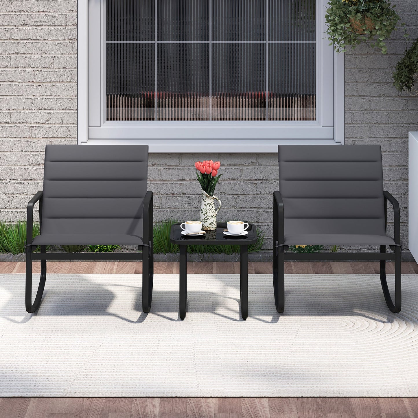 3 Piece Outdoor Rocking Bistro Set Porch Rocker Chairs with Tempered Glass Table-Gray