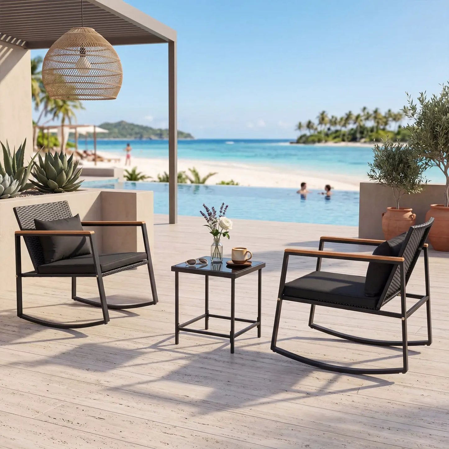 3 Piece Rocking Bistro Set with Cushions