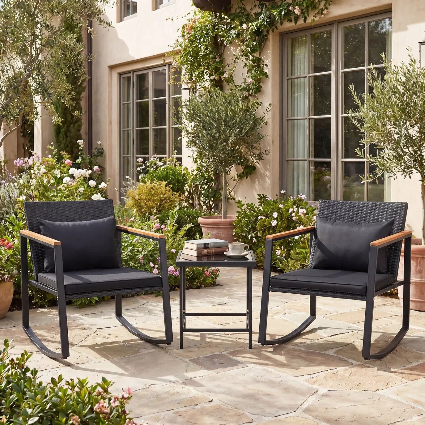 3 Piece Rocking Bistro Set with Cushions