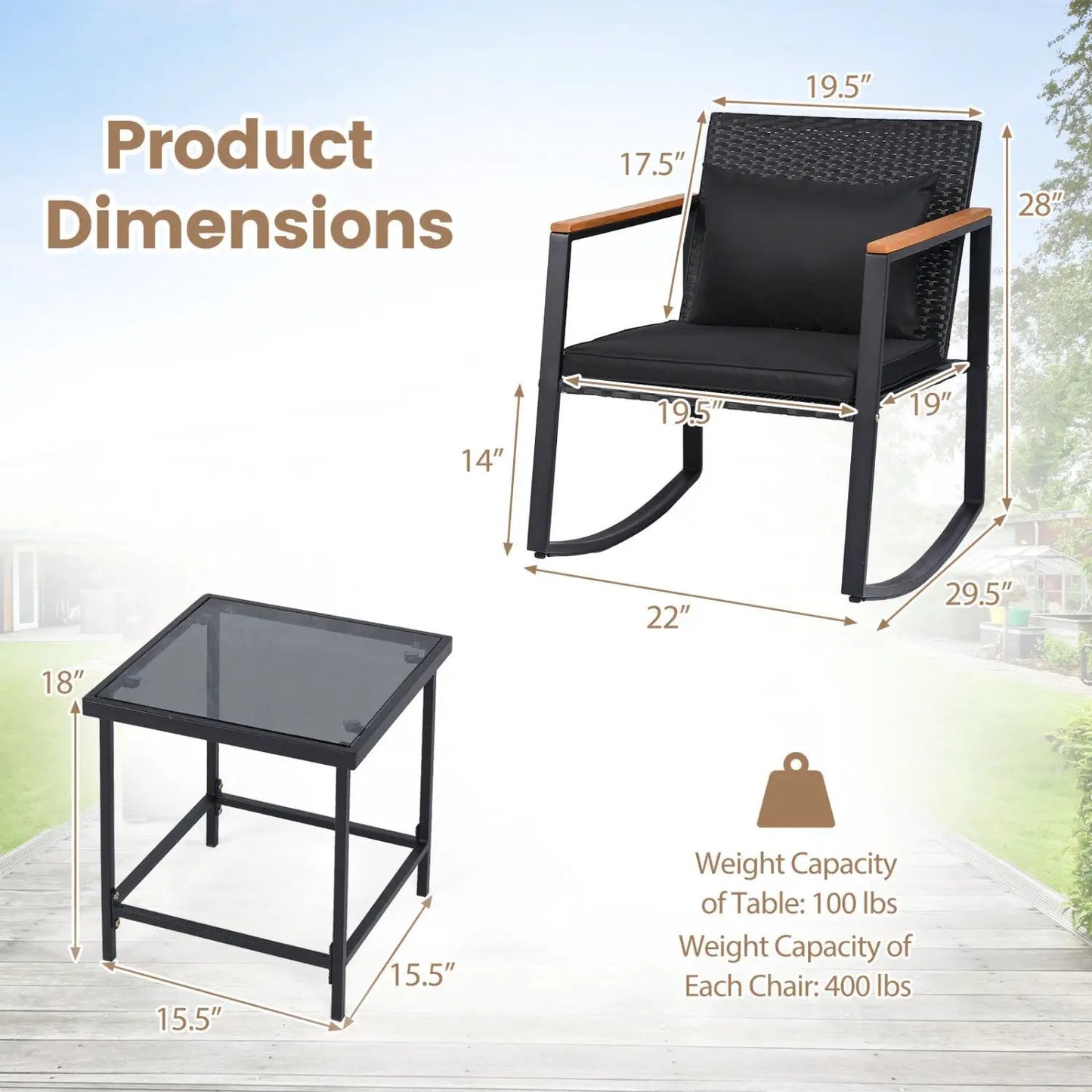 3 Piece Rocking Bistro Set with Cushions