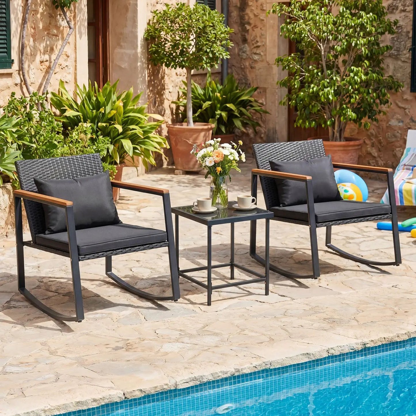 3 Piece Rocking Bistro Set with Cushions