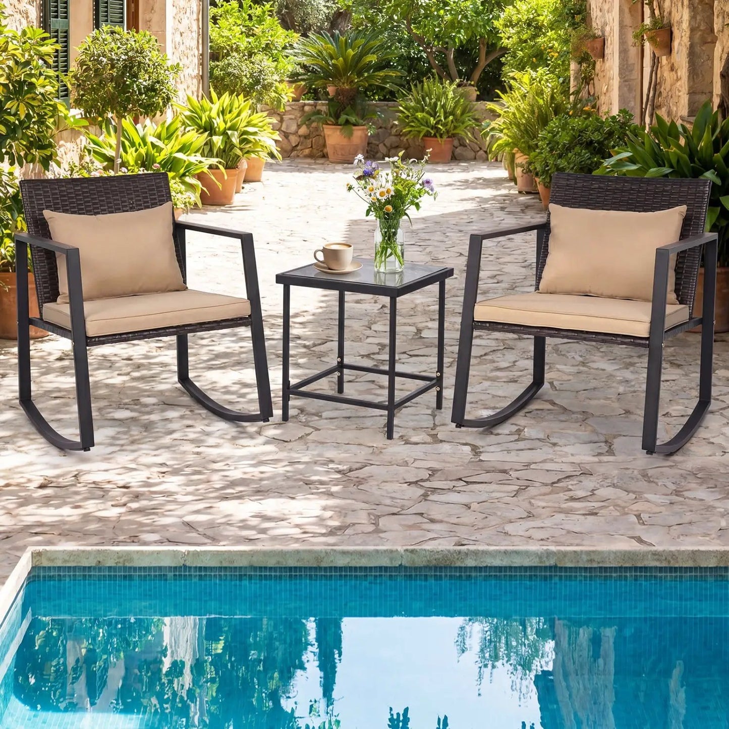 3 Piece Rocking Bistro Set with Cushions