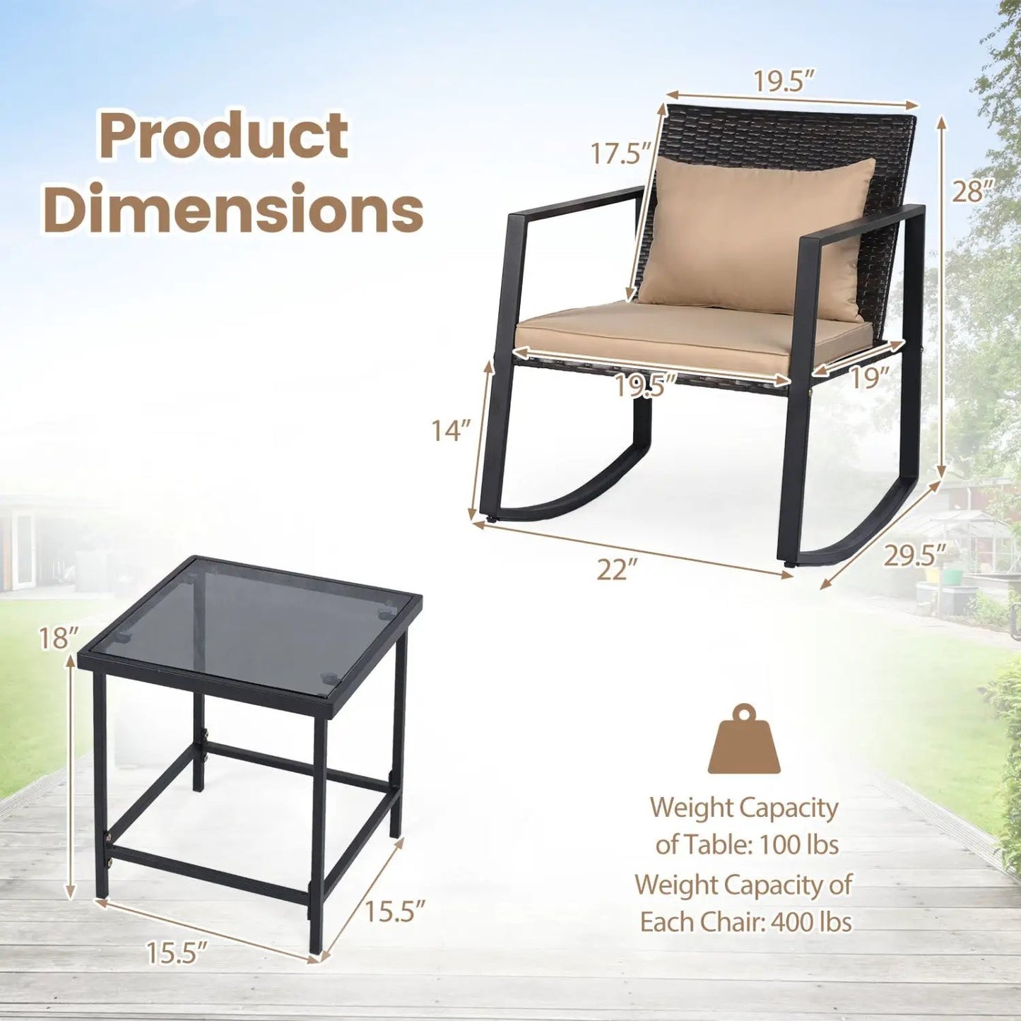 3 Piece Rocking Bistro Set with Cushions