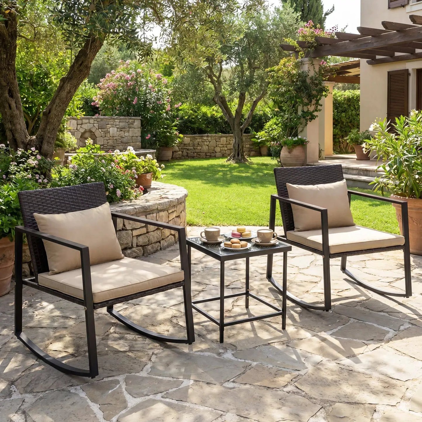 3 Piece Rocking Bistro Set with Cushions