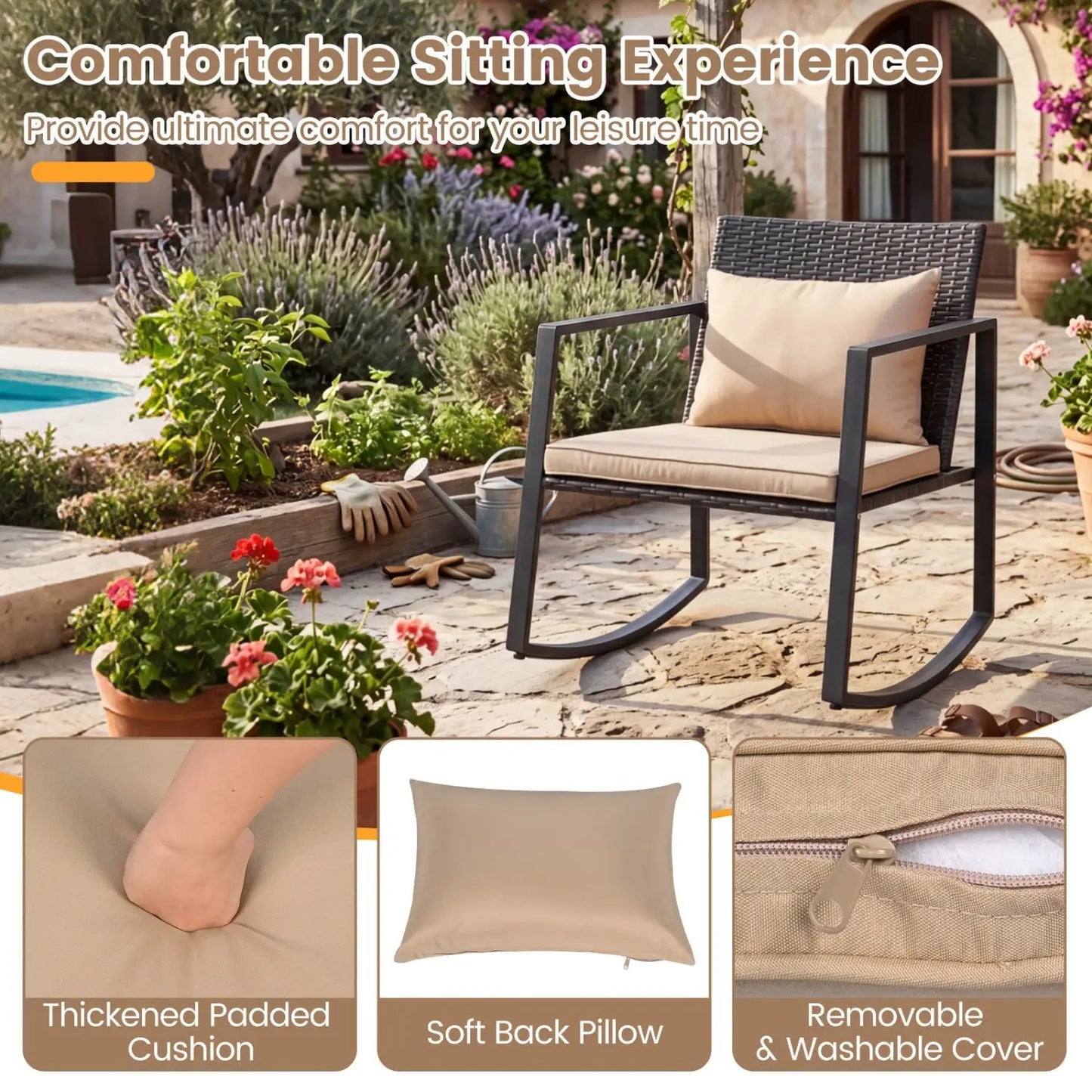 3 Piece Rocking Bistro Set with Cushions