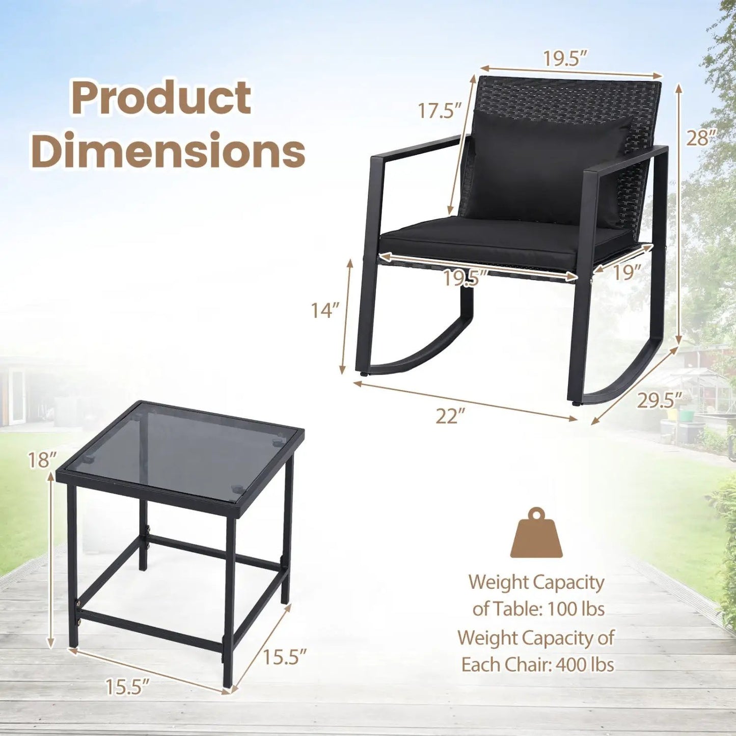 3 Piece Rocking Bistro Set with Cushions