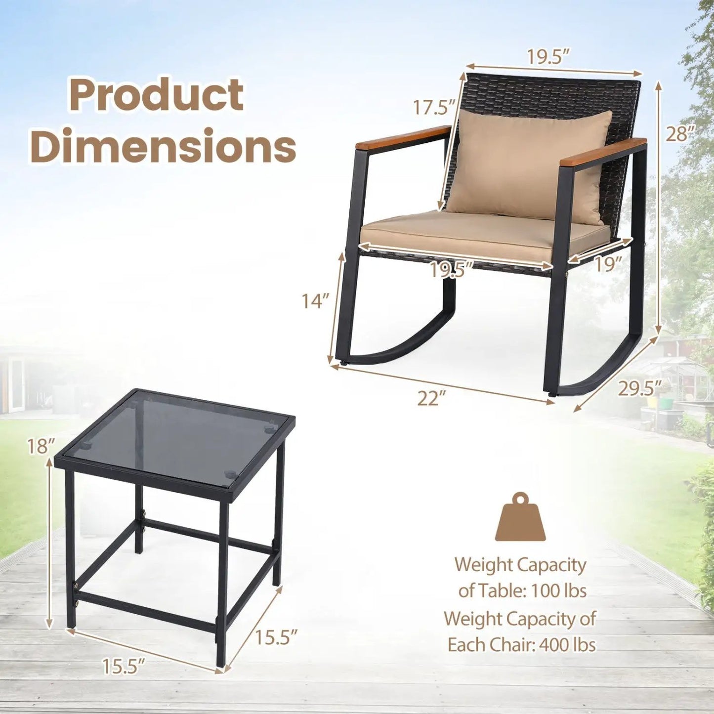 3 Piece Rocking Bistro Set with Cushions