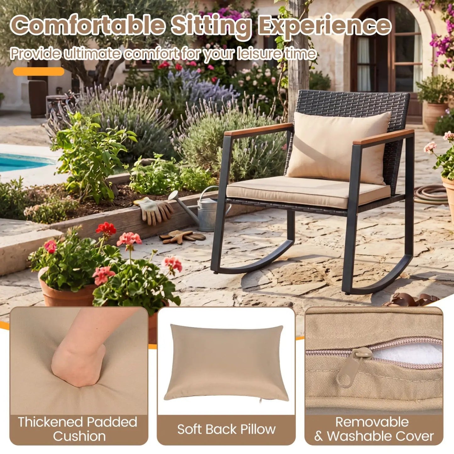 3 Piece Rocking Bistro Set with Cushions