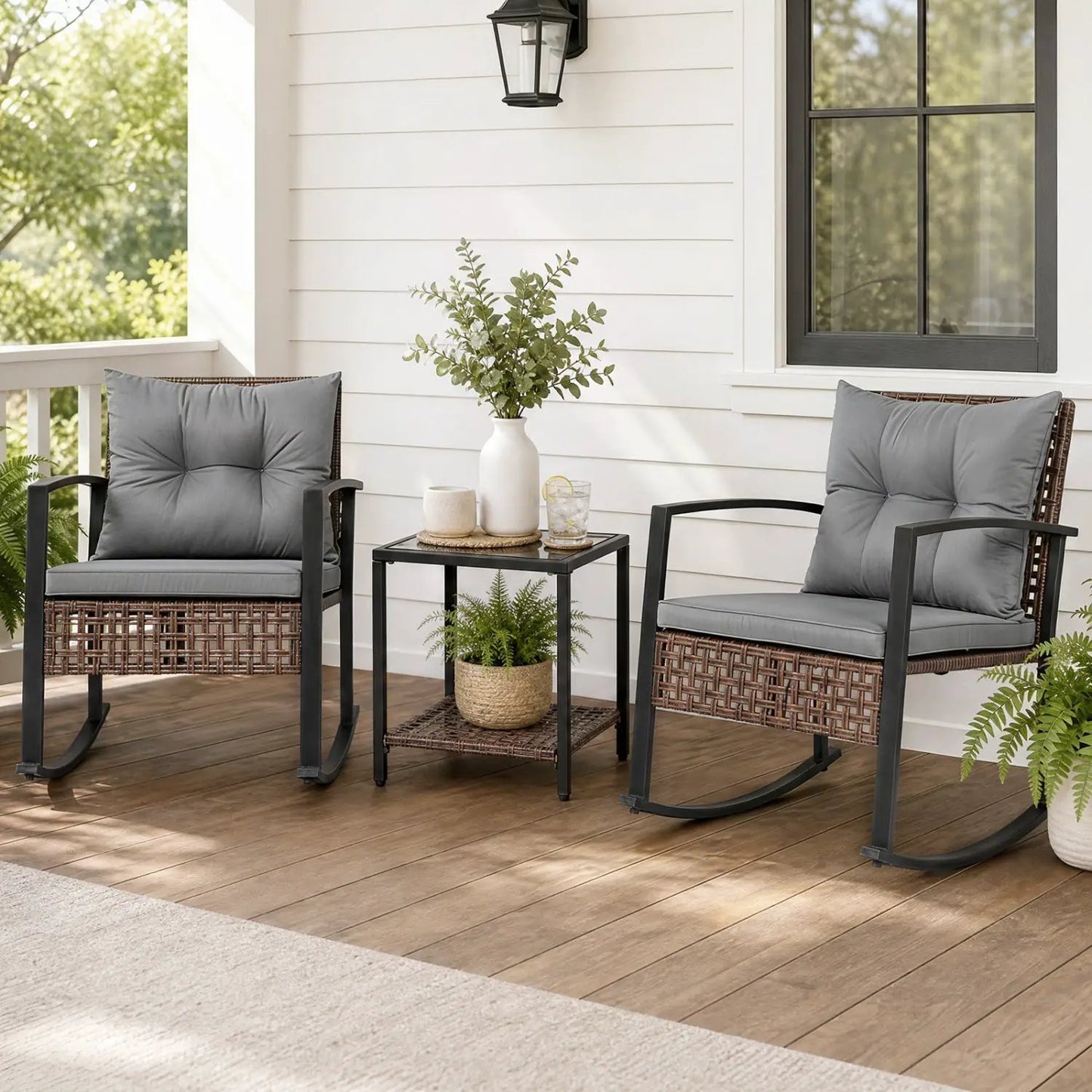 3-Piece Rocking Chair Patio Set with Glass Table