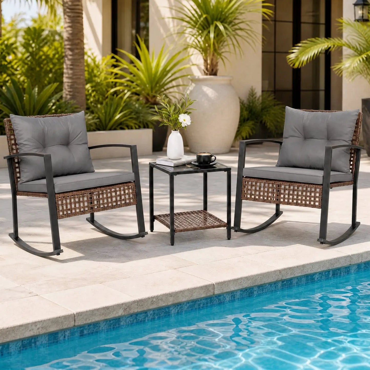 3-Piece Rocking Chair Patio Set with Glass Table