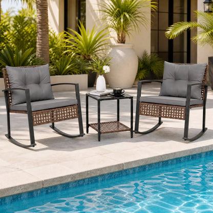 3-Piece Rocking Chair Patio Set with Glass Table