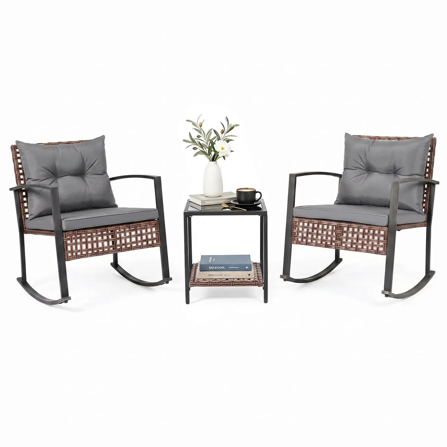 3-Piece Rocking Chair Patio Set with Glass Table