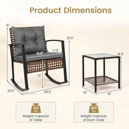 3-Piece Rocking Chair Patio Set with Glass Table
