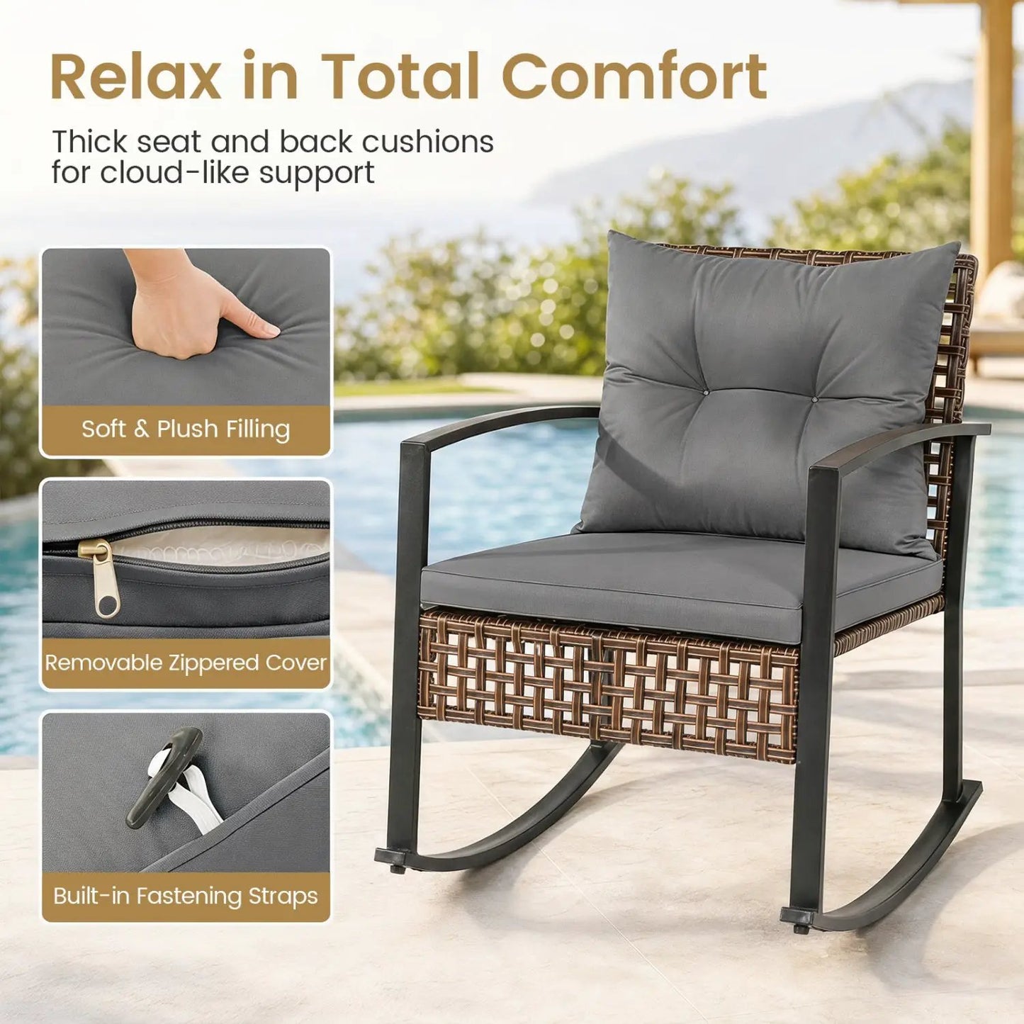 3-Piece Rocking Chair Patio Set with Glass Table