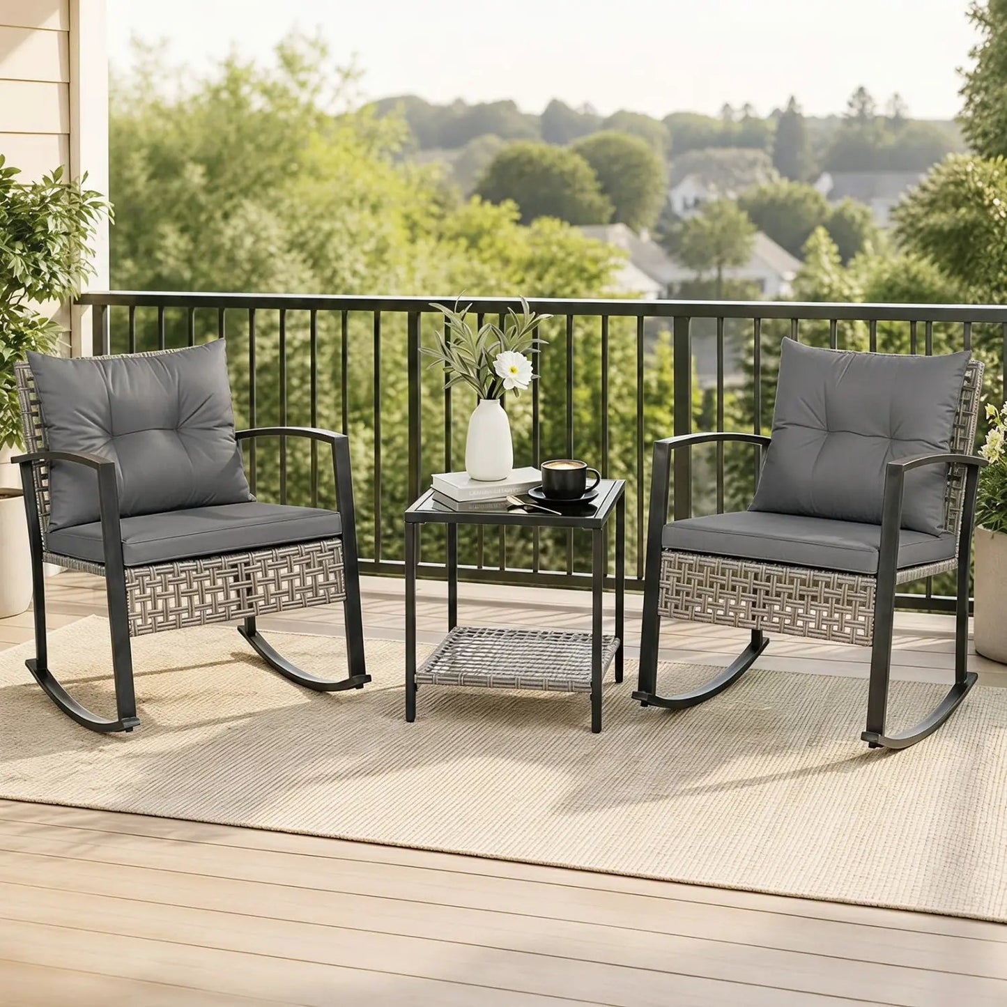 Outdoor Rocking Chair Set and Coffee Table Gray