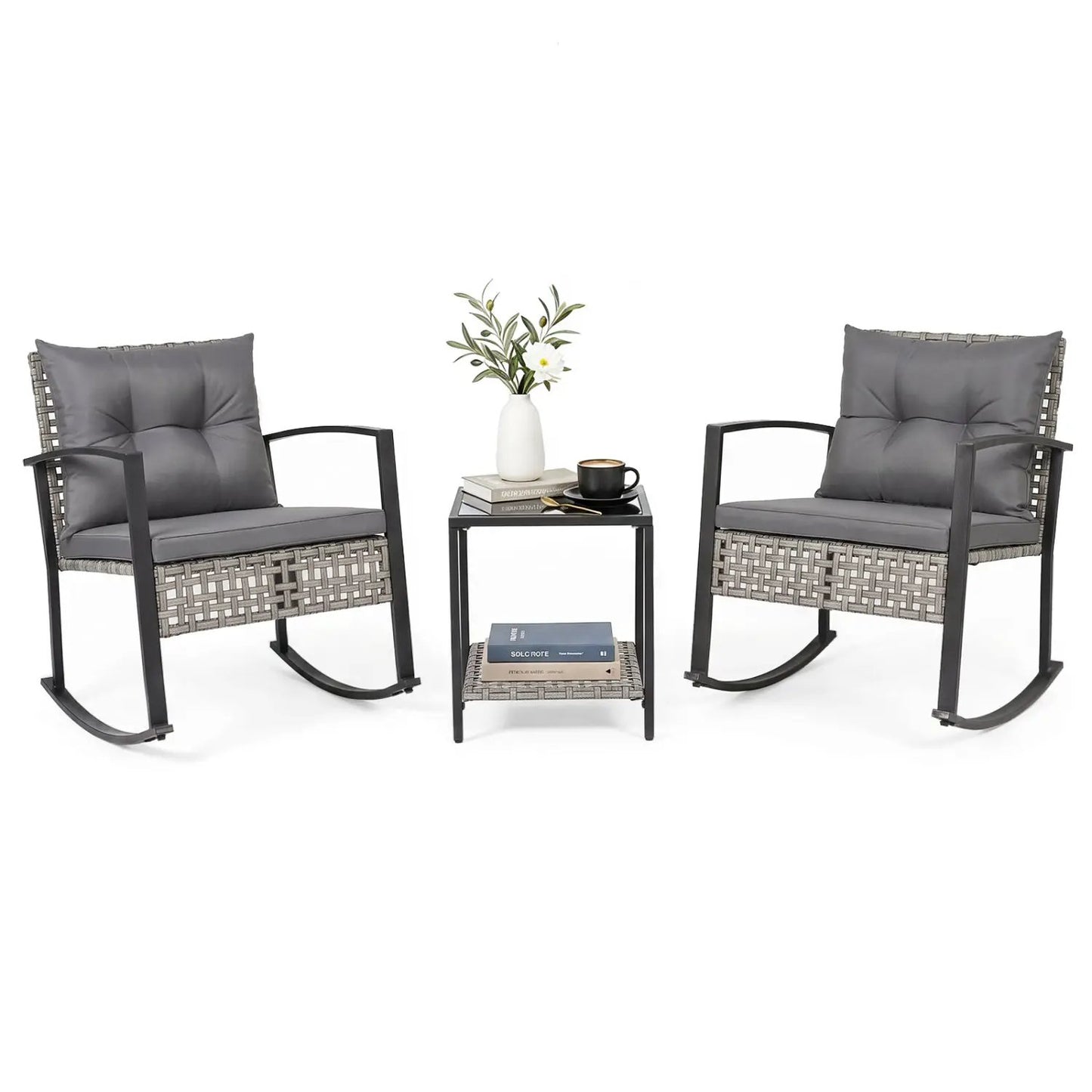 Outdoor Rocking Chair Set and Coffee Table Gray