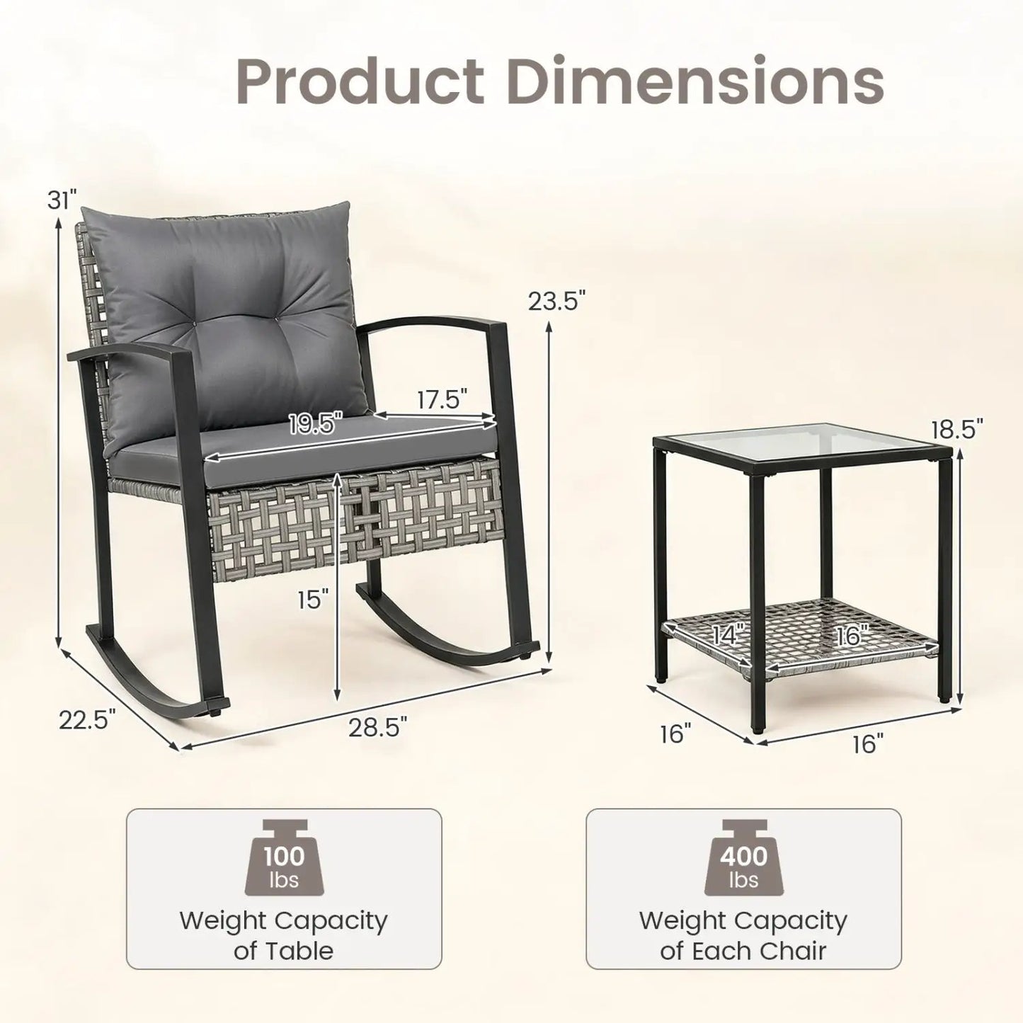 Outdoor Rocking Chair Set and Coffee Table Gray