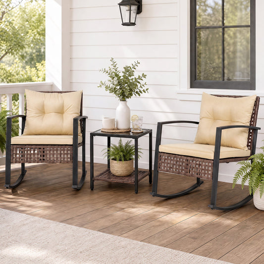 3-Piece Rocking Chair Set with wicker chairs and glass coffee table beige cushions DirectDeals on Tampa Home & Garden Store