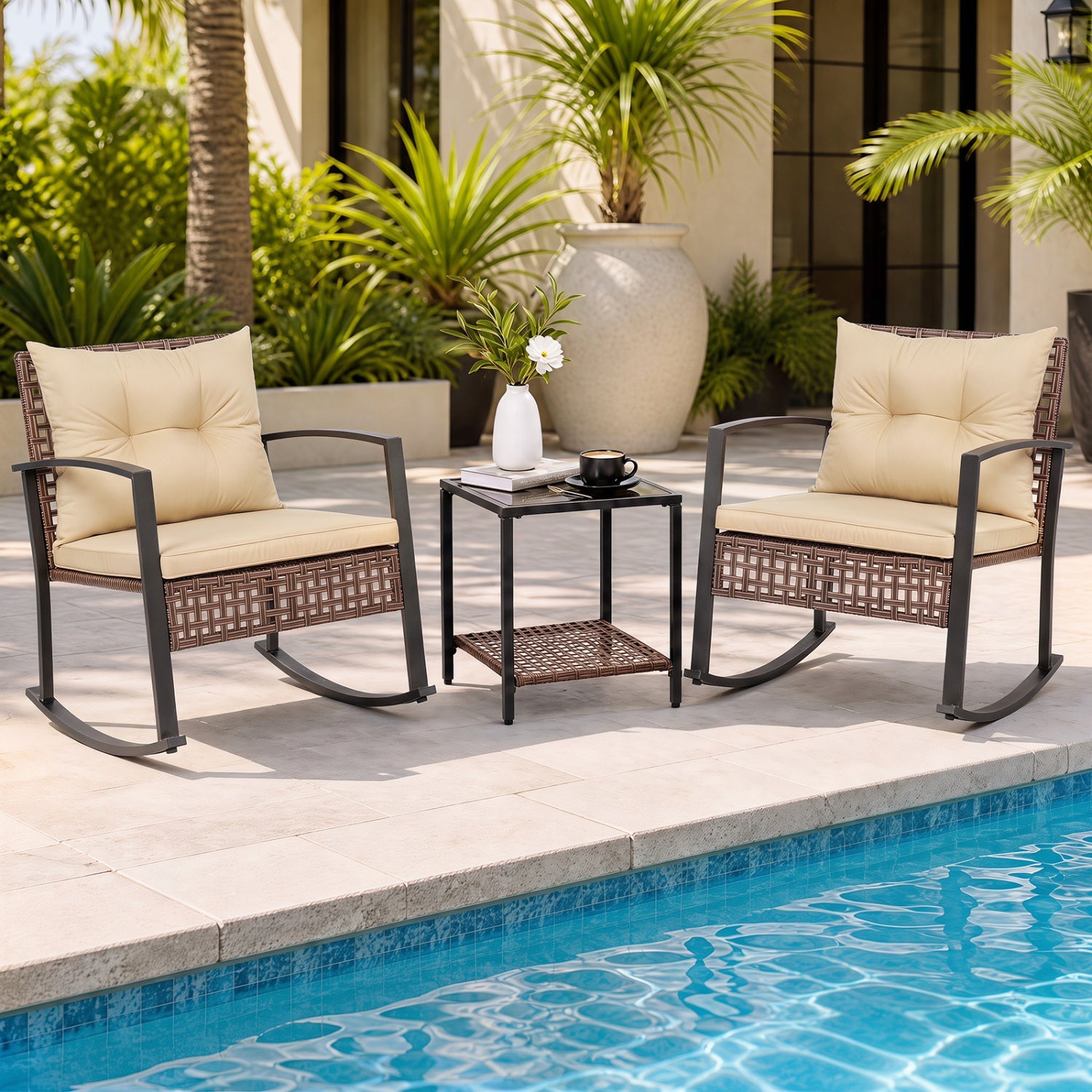 DirectDeals 3-Piece Rocking Chair Patio Set with Glass Coffee Table; wicker, beige cushions on Tampa Home & Garden Store
