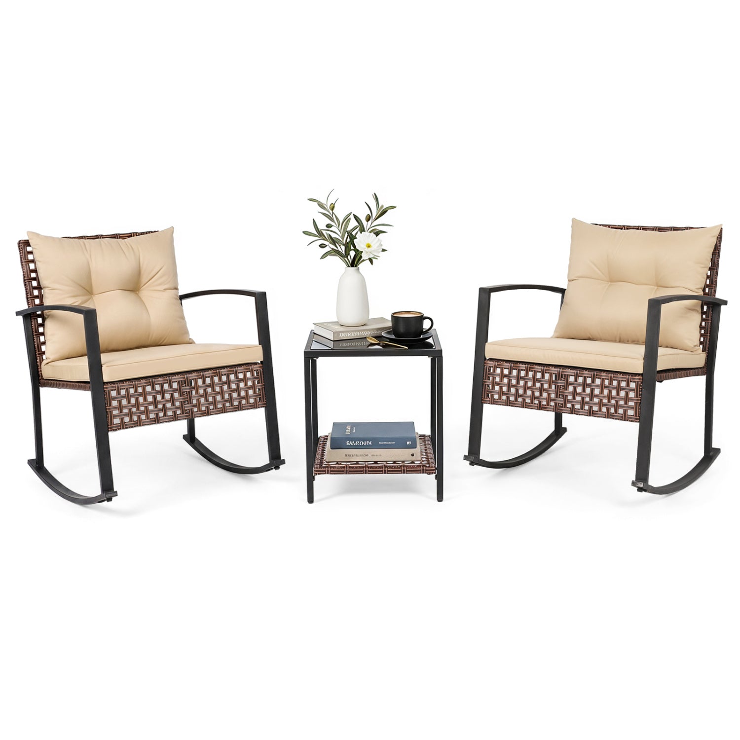 3-Piece Rocking Chair Patio Set with Glass Coffee Table, beige cushions, wicker, 2 chairs on Tampa Home & Garden Store