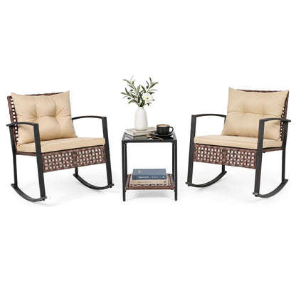 3-Piece Rocking Chair Patio Set with Glass Coffee Table, beige cushions, wicker, 2 chairs on Tampa Home & Garden Store