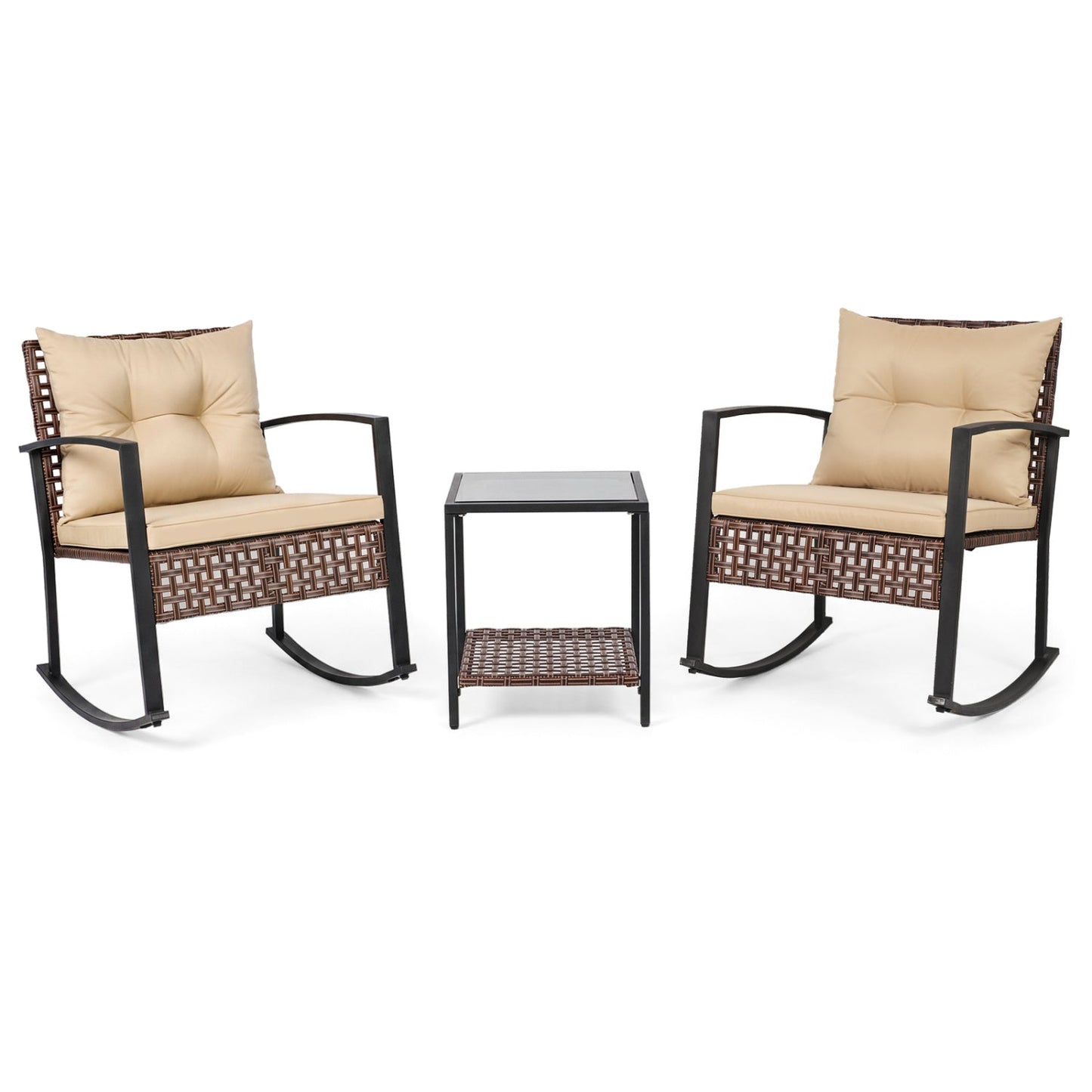 3-Piece Rocking Chair Patio Set with Glass Coffee Table, brown wicker, beige cushions, 2 chairs + glass table on Tampa Home & Garden Store