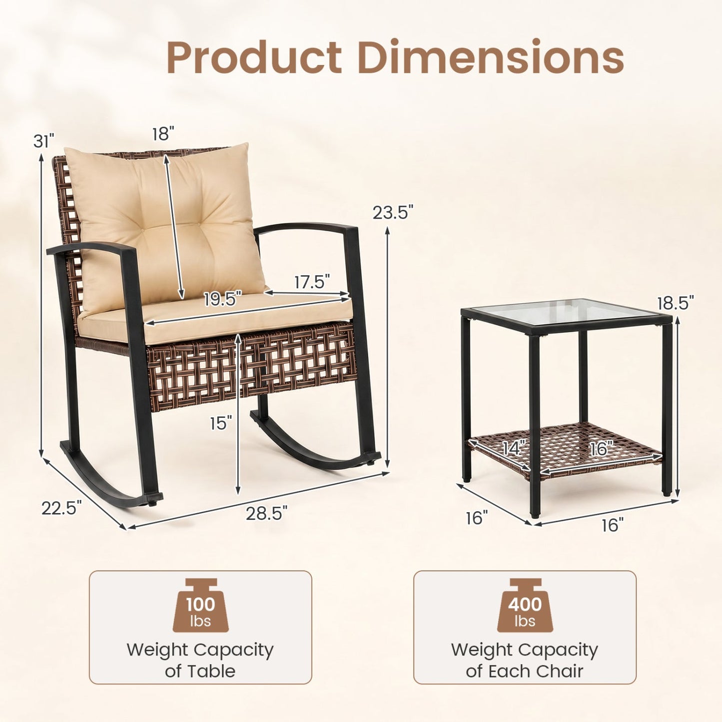 3-Piece Rocking Chair Patio Set with Glass Coffee Table beige cushions black frame DirectDeals on Tampa Home & Garden Store