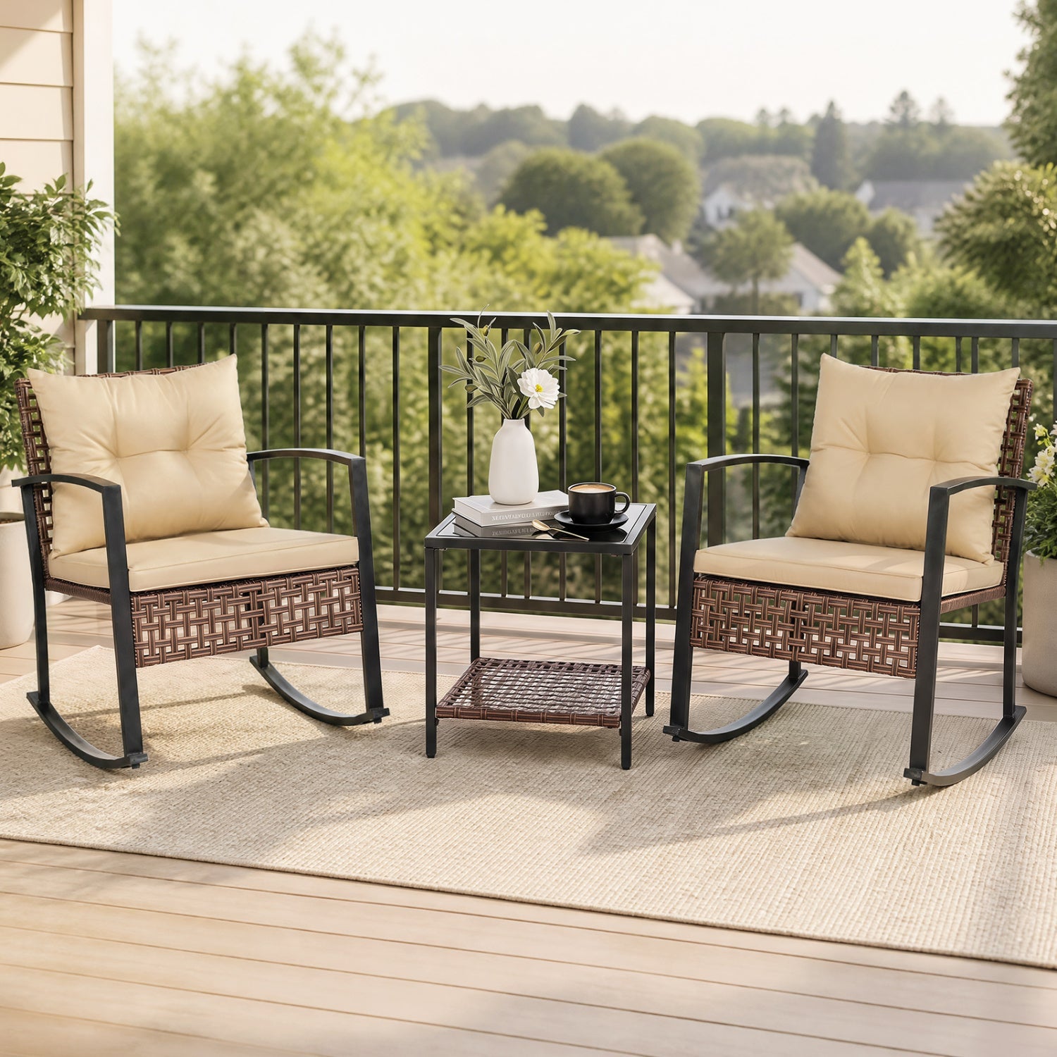 DirectDeals 3-Piece Patio Rocking Set with Glass Coffee Table, 2 wicker chairs with cushions on Tampa Home & Garden Store