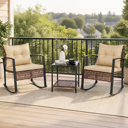 DirectDeals 3-Piece Patio Rocking Set with Glass Coffee Table, 2 wicker chairs with cushions on Tampa Home & Garden Store