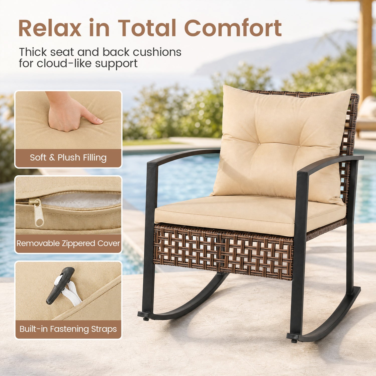 3-Piece rocking chair patio set with beige cushions and brown wicker frame on Tampa Home & Garden Store