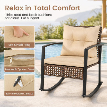 3-Piece rocking chair patio set with beige cushions and brown wicker frame on Tampa Home & Garden Store