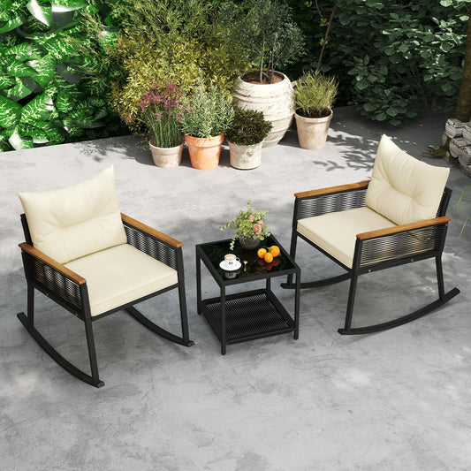 3 Piece Outdoor PE Rattan Rocking Bistro Set with 2-Tier Coffee Table-Black - Tampa Home & Garden Store