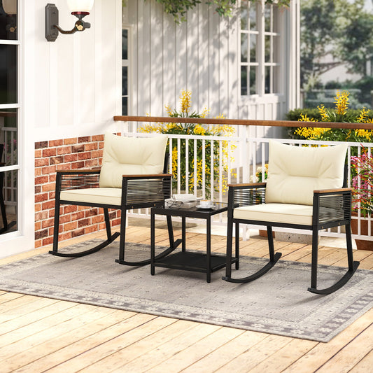 3 Piece Outdoor PE Rattan Rocking Bistro Set with 2-Tier Coffee Table-Black - Tampa Home & Garden Store
