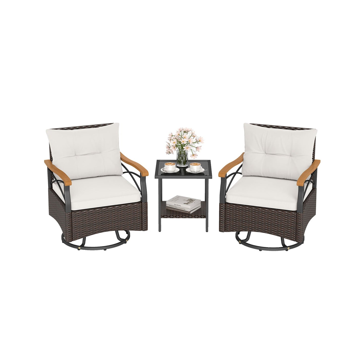 3 Piece Outdoor Swivel Chair Set with Tempered Glass Side Table