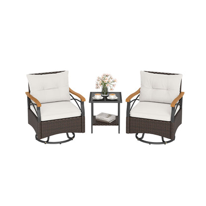 3 Piece Outdoor Swivel Chair Set with Tempered Glass Side Table