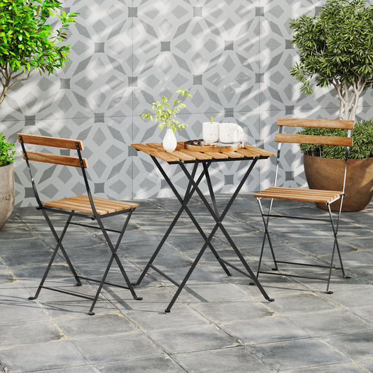 3 Piece Patio Acacia Wood Bistro Set with Slatted Seat and Tabletop-Brown - Tampa Home & Garden Store