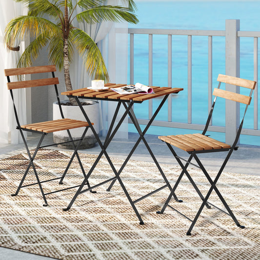 3 Piece Patio Acacia Wood Bistro Set with Slatted Seat and Tabletop-Brown - Tampa Home & Garden Store