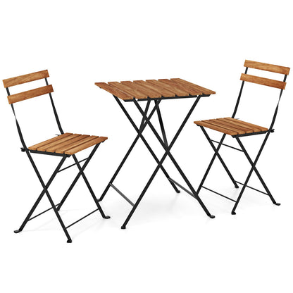 Juego de bistró de madera de acacia de 3 piezas para patio con asiento y tablero de mesa de listones - Marrón