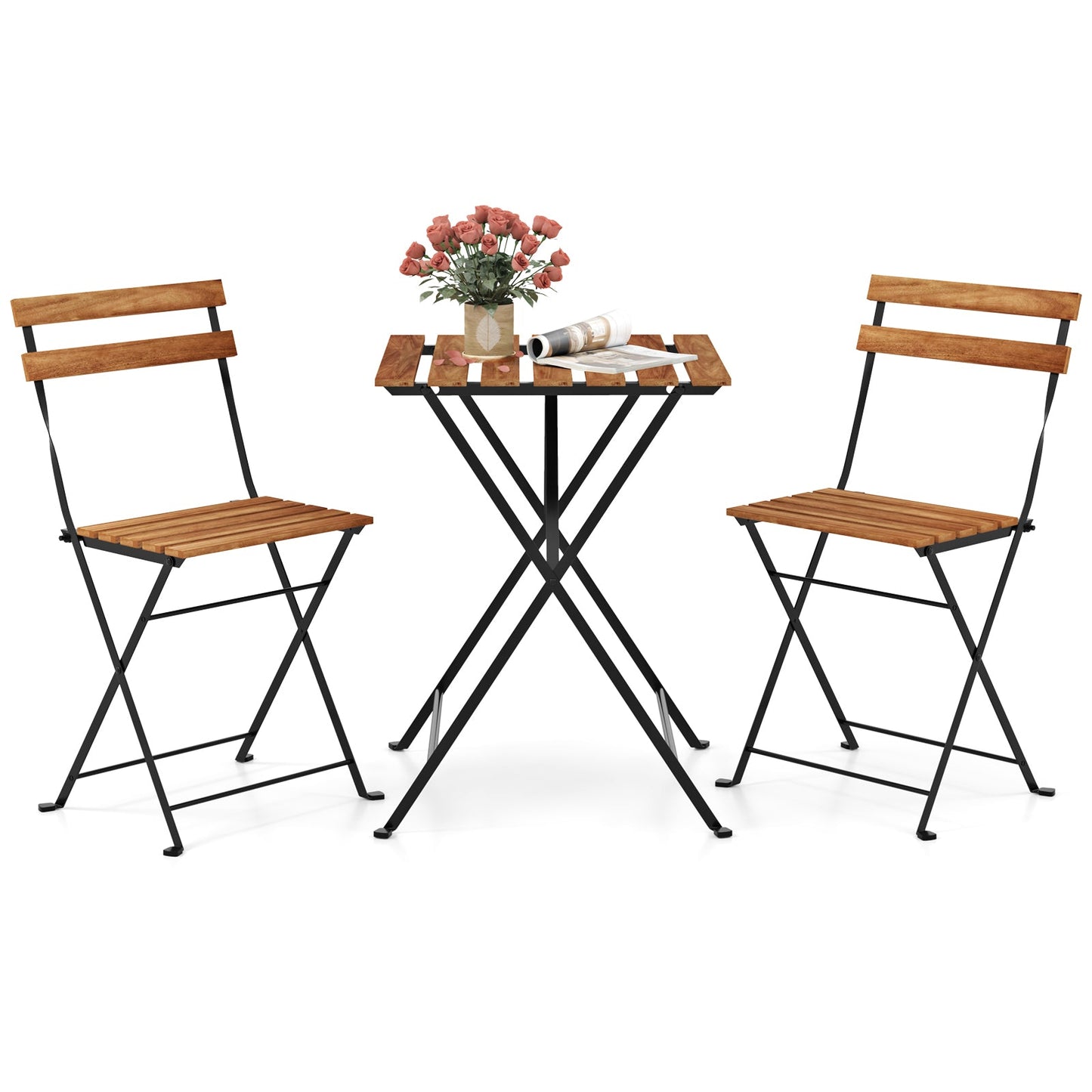 Juego de bistró de madera de acacia de 3 piezas para patio con asiento y tablero de mesa de listones - Marrón