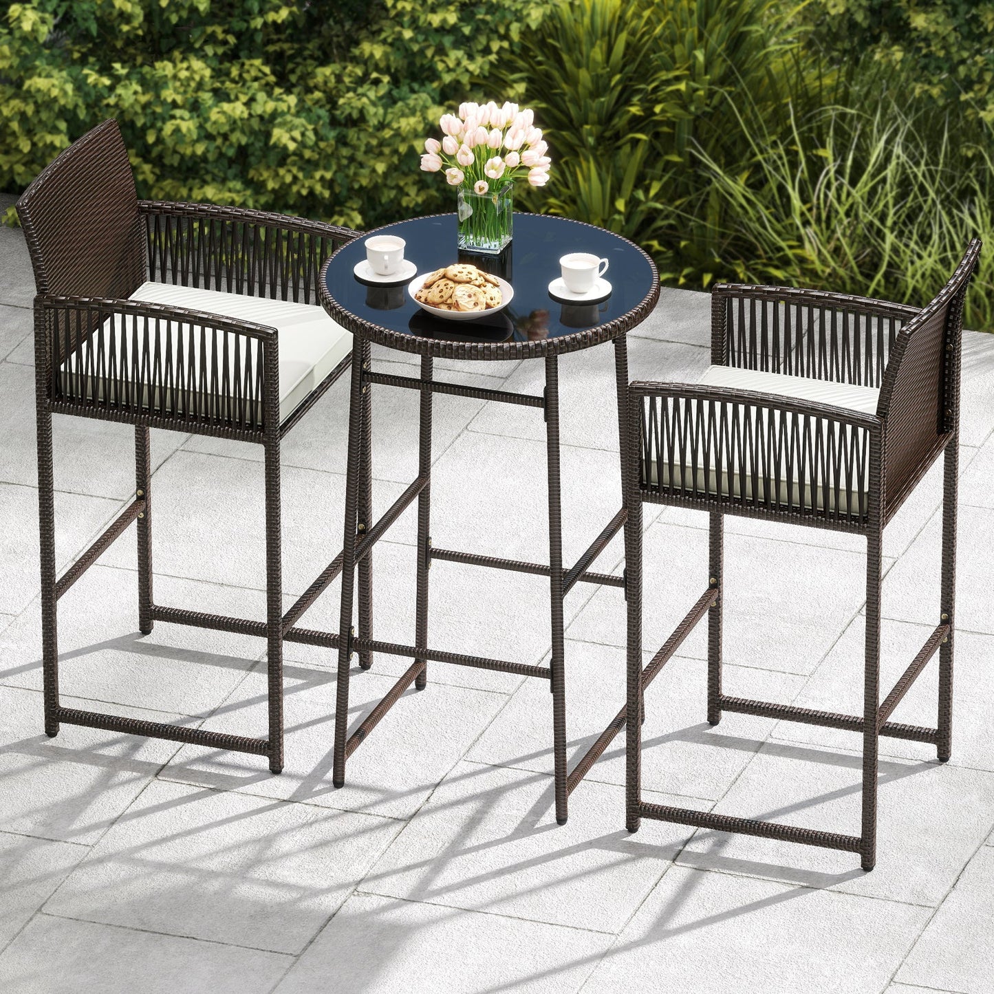 3 Piece Patio Bar Set Outdoor Wicker Bar Height Table and Armchairs-White