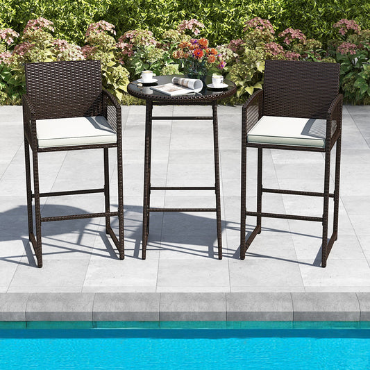 3 Piece Patio Bar Set Outdoor Wicker Bar Height Table and Armchairs-White - Tampa Home & Garden Store