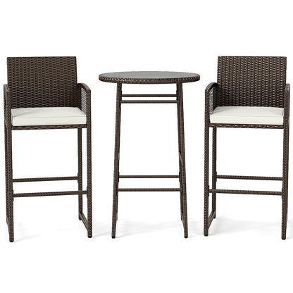 3 Piece Patio Bar Set Outdoor Wicker Bar Height Table and Armchairs-White